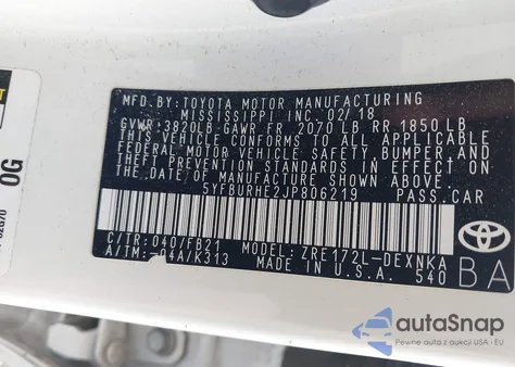 2018 Toyota Corolla Le z USA, uszkodzony, nr VIN 5YFBURHE2JP806219